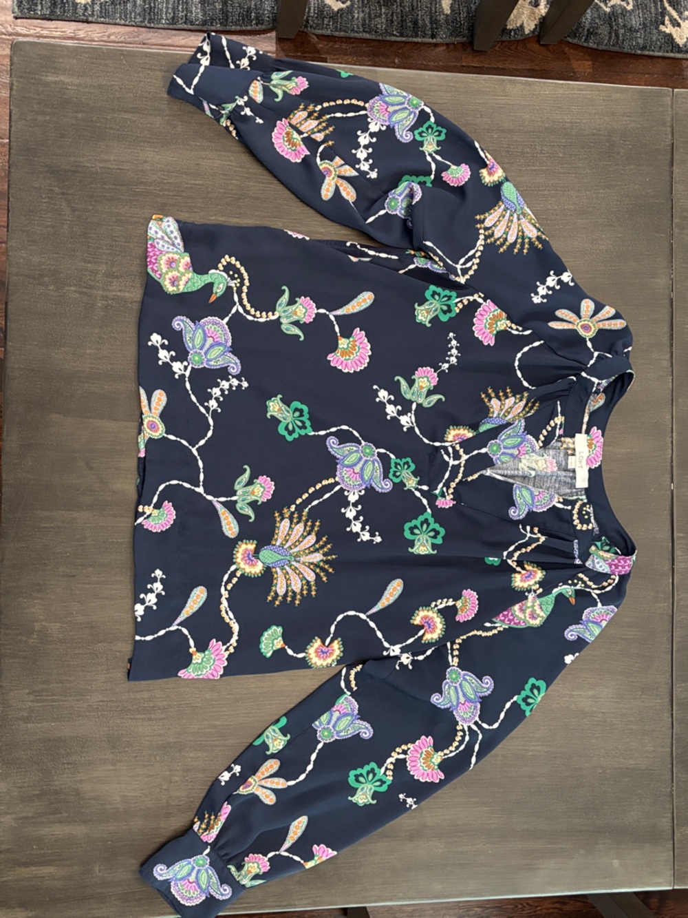 LOFT Navy Floral Paisley Long-Sleeve Blouse